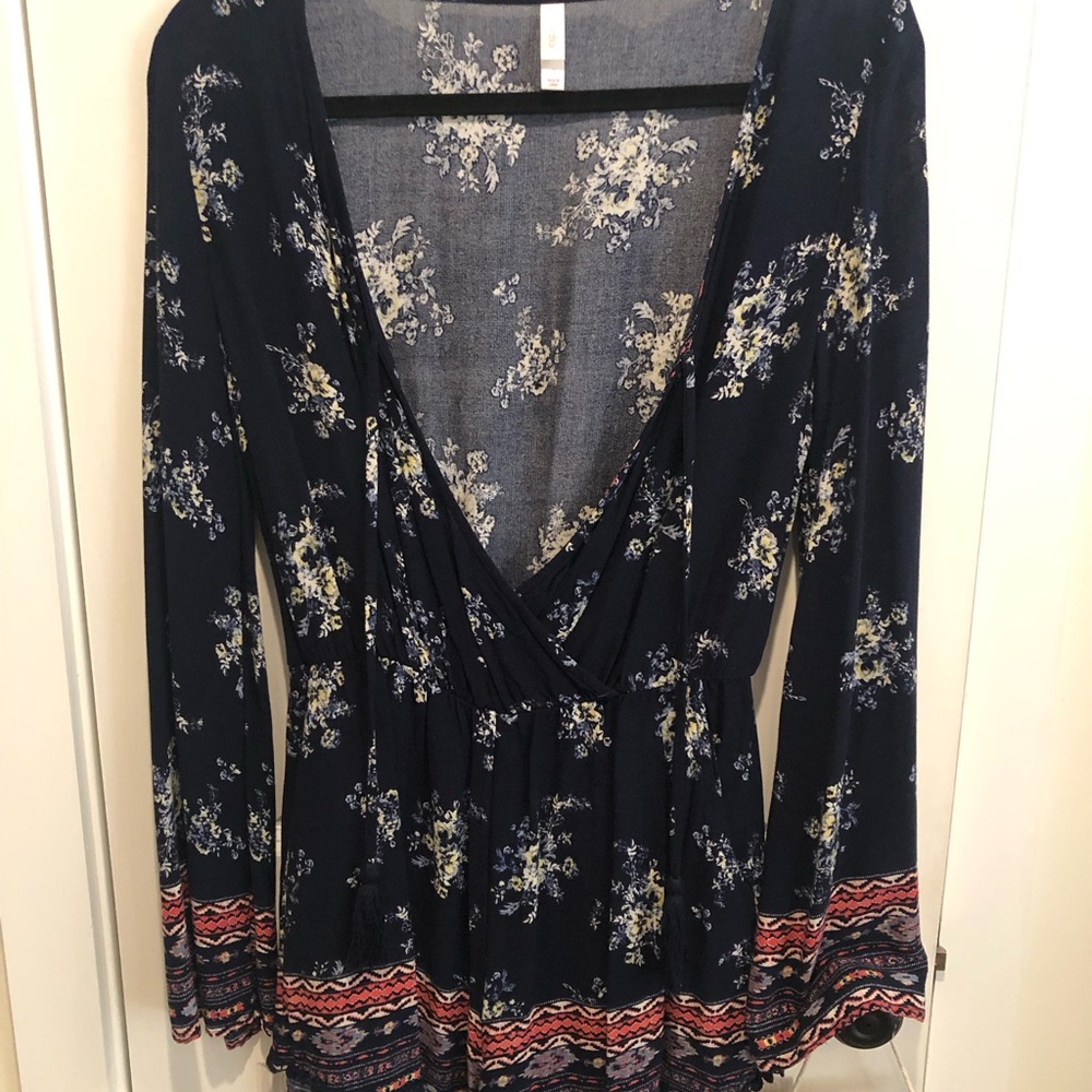 Xhilaration Navy Floral V-Neck Peplum Top Romper with Patterned Trim